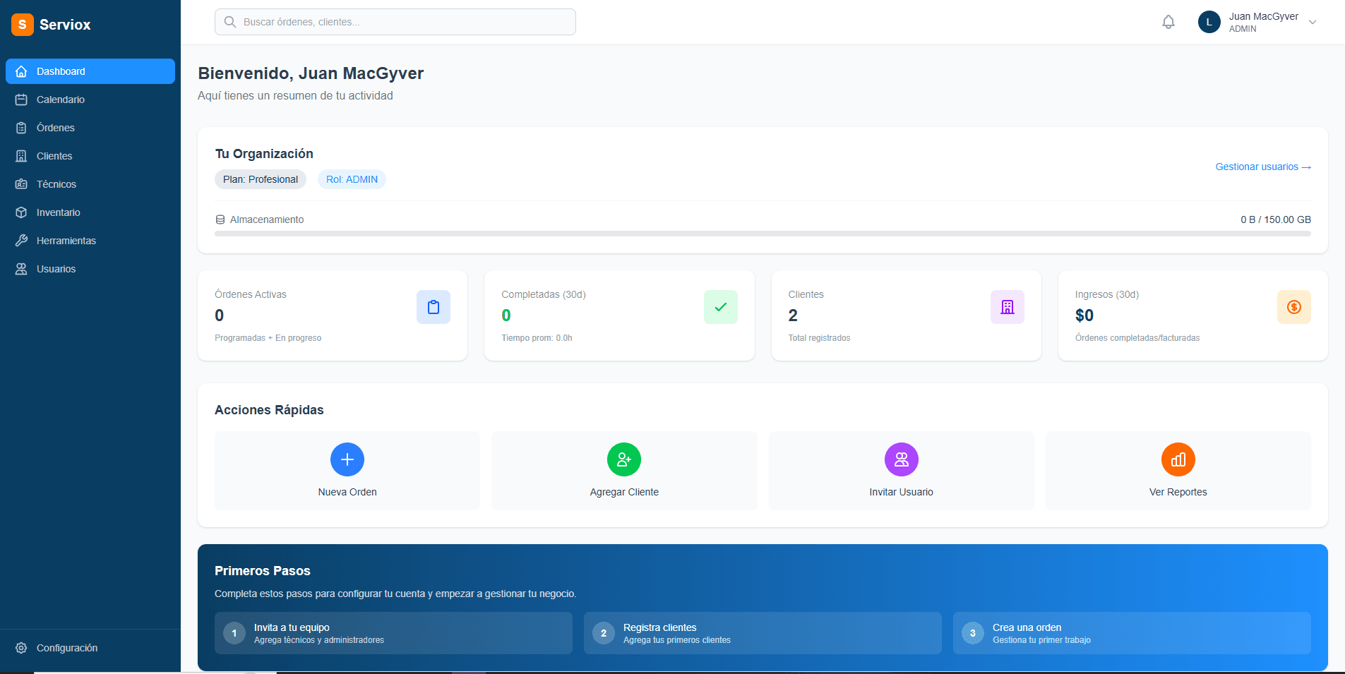 Dashboard de Serviox mostrando órdenes de trabajo, calendario y métricas